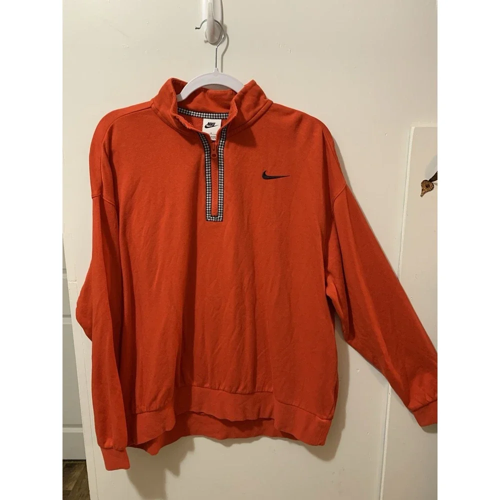 Nike Mens Orange Houndstooth Quarter Zip Pullover Sweatshirt Swoosh Logo Medium